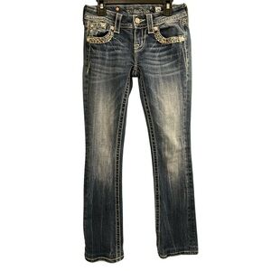 Miss Me Dark Blue Distressed Boot Cut Jeans with Embellished Pockets size 24